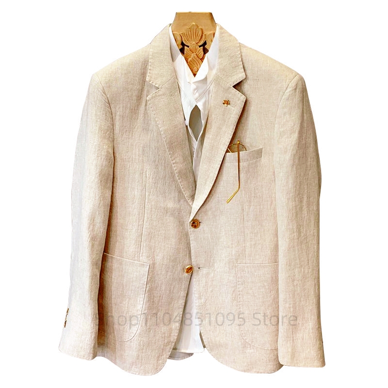 Men Formal Wear For Summer - Beige Men Suit Linen Blazers Jackets